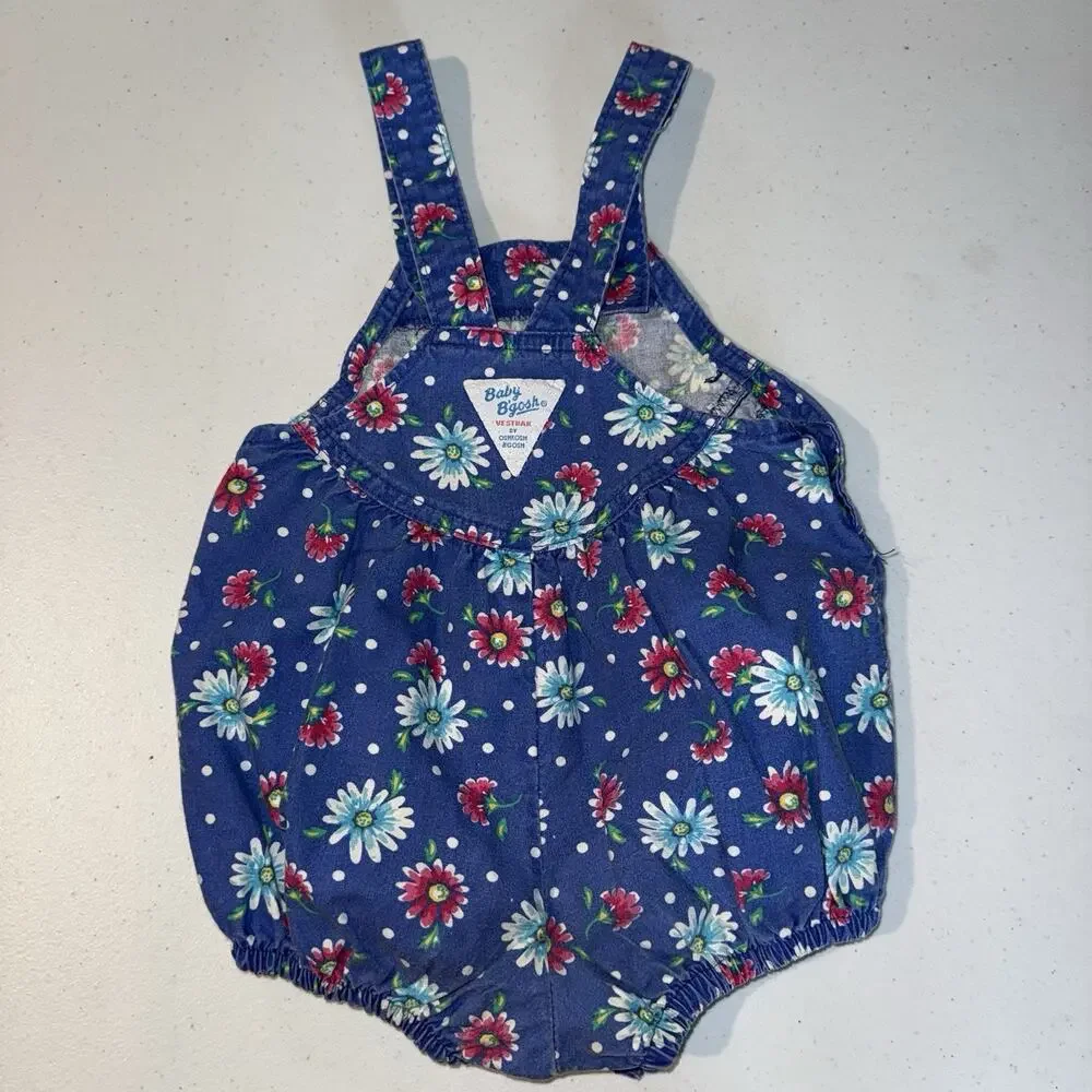 Vintage Oshkosh Baby B'Gosh Vestbak Polka Dot Floral Bubble Romper Blue Size 12M